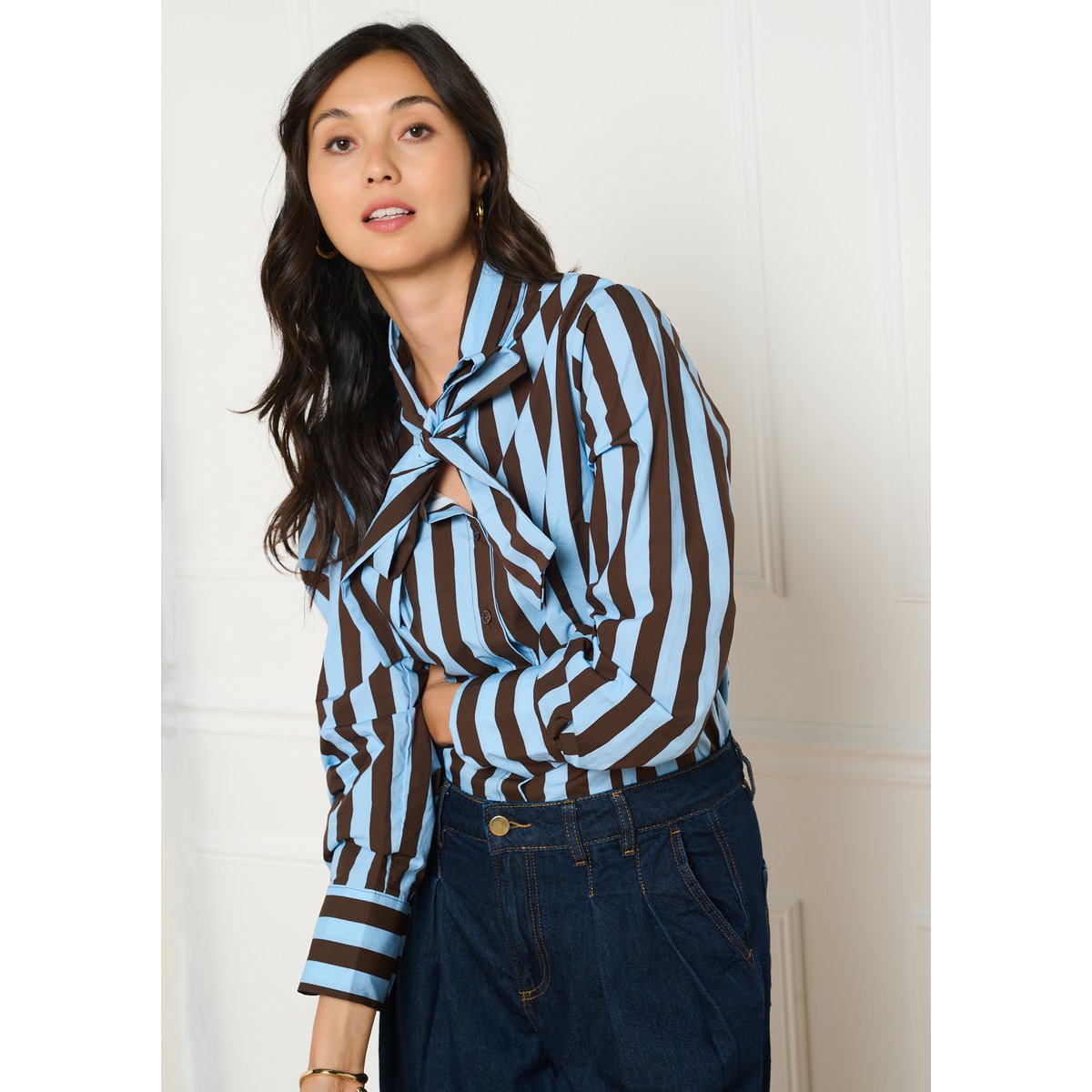 Blouse à noeud rayée bleu pastel, LOLALIZA