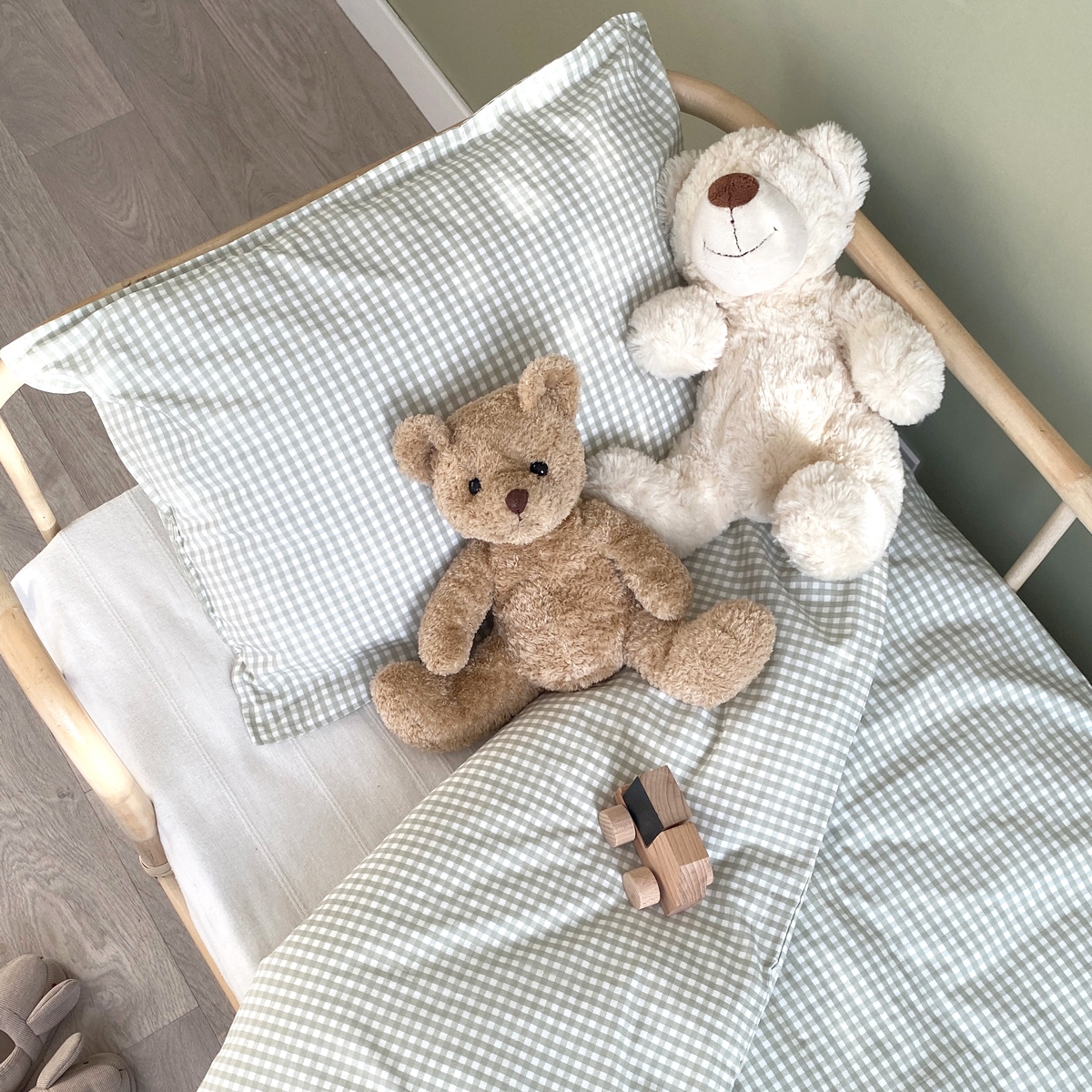 Parure de couette bébé vichy coton bio OLIVE vert, LITTLE CREVETTE