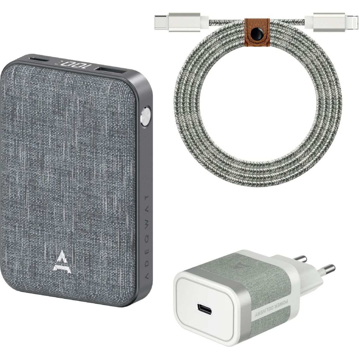 Pack Powerbank+Chargeur 30W+USB-C-Lightning couleur unique, ADEQWAT