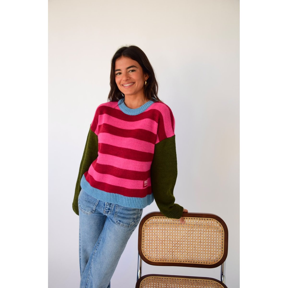 Pull rayé manches contrastées ABRIL rose / bordeaux, MINDTRAVELER