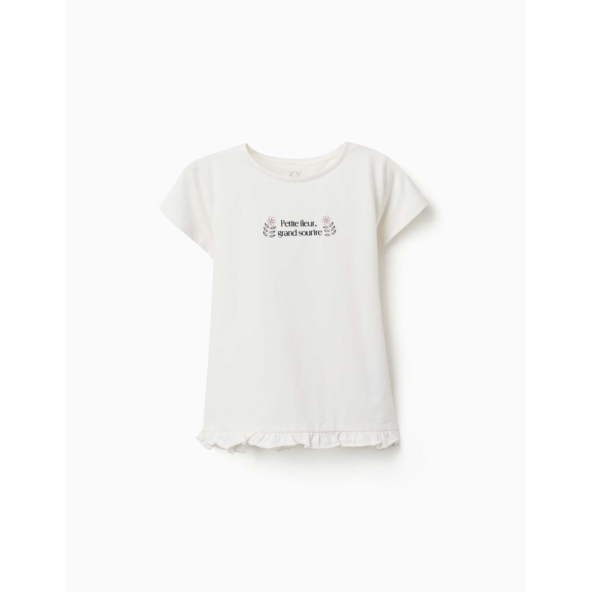 T-shirt en coton avec imprimé et ourlet à volants blanc, ZIPPY