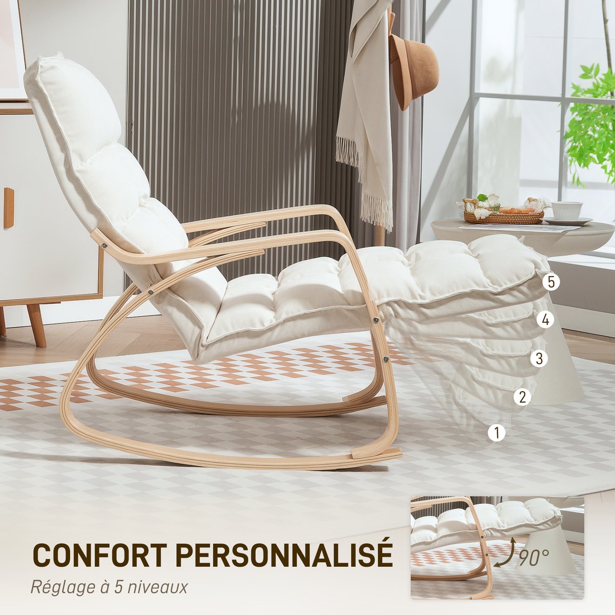 Fauteuil à bascule Lin (100% polyester) Blanc crème, HOMCOM