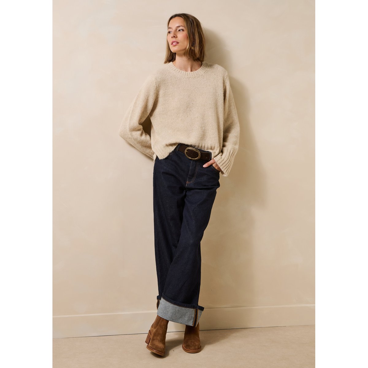 Pull manches longues en maille irisée col rond chanvre, LA FEE MARABOUTEE