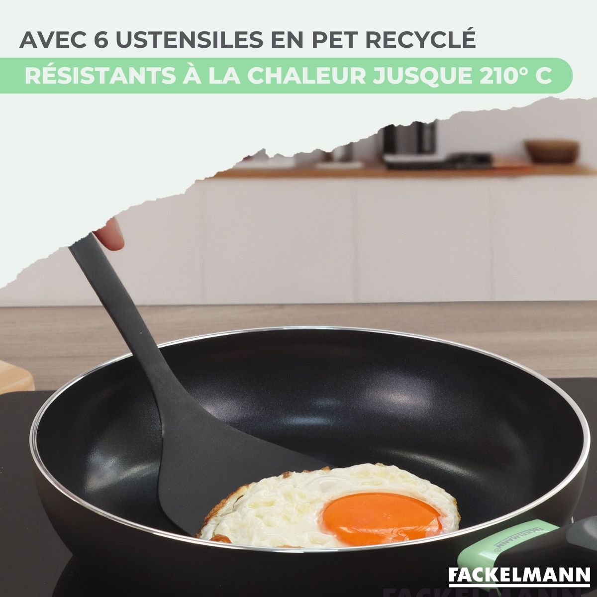 Ensemble de 3 poêles de 24, 28 et 6 ustensiles BRANDAO noir|vert, FACKELMANN