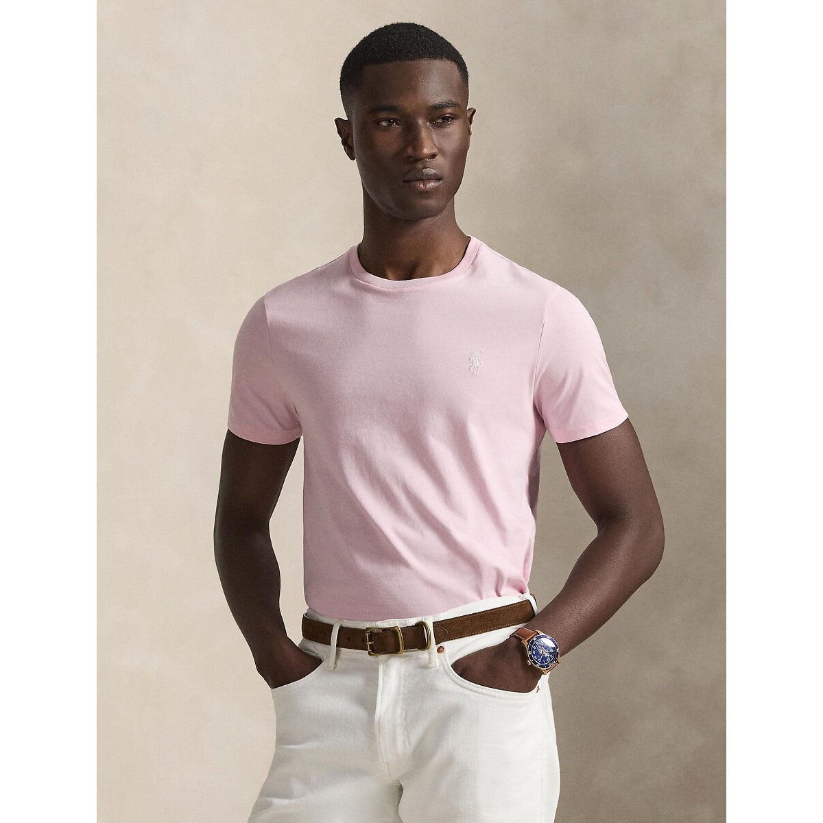 T-shirt col rond jersey Custom Slim Fit rose clair, POLO RALPH LAUREN