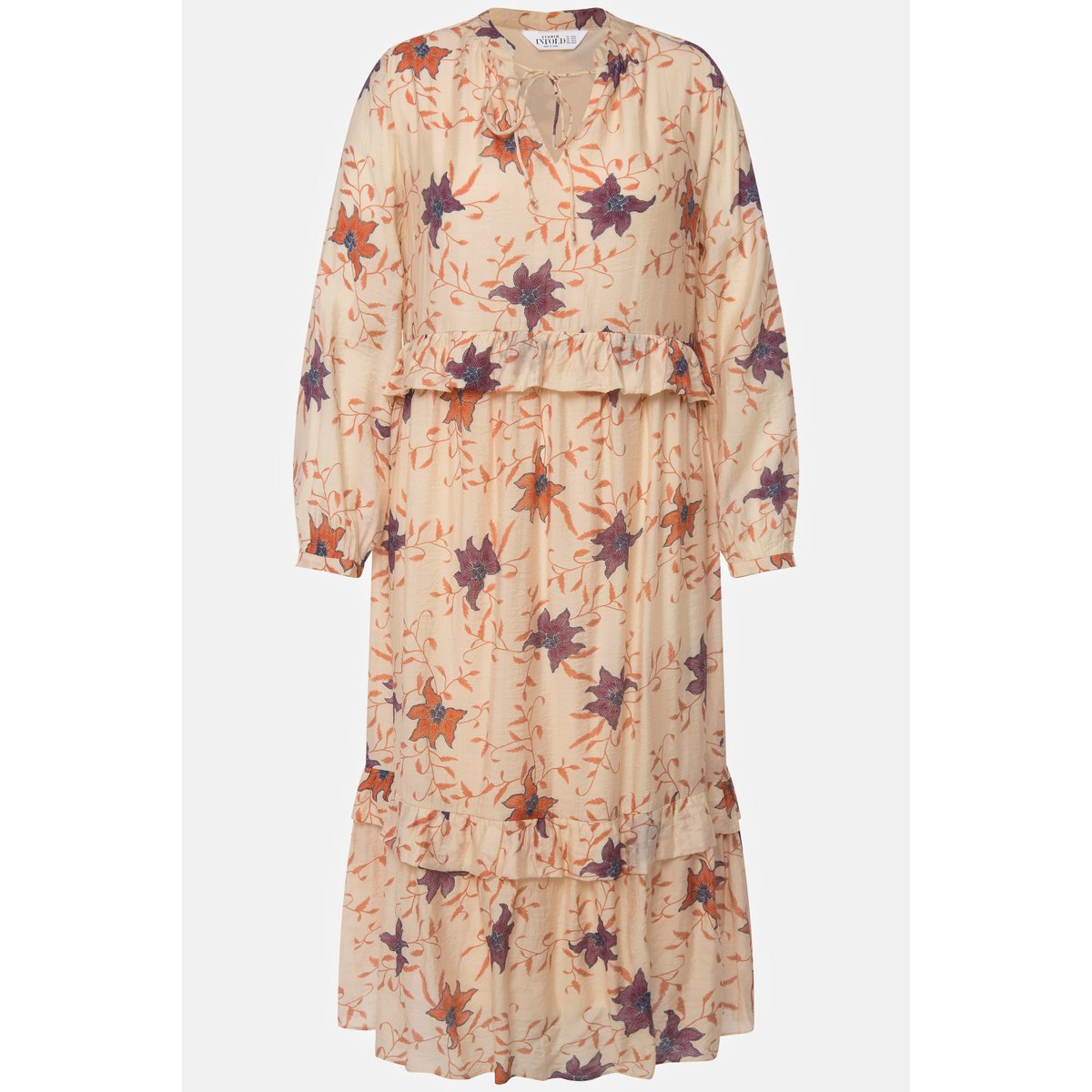 Robe maxi avec ruchés. Motif à fleurs. Ligne champagne clair, STUDIO UNTOLD
