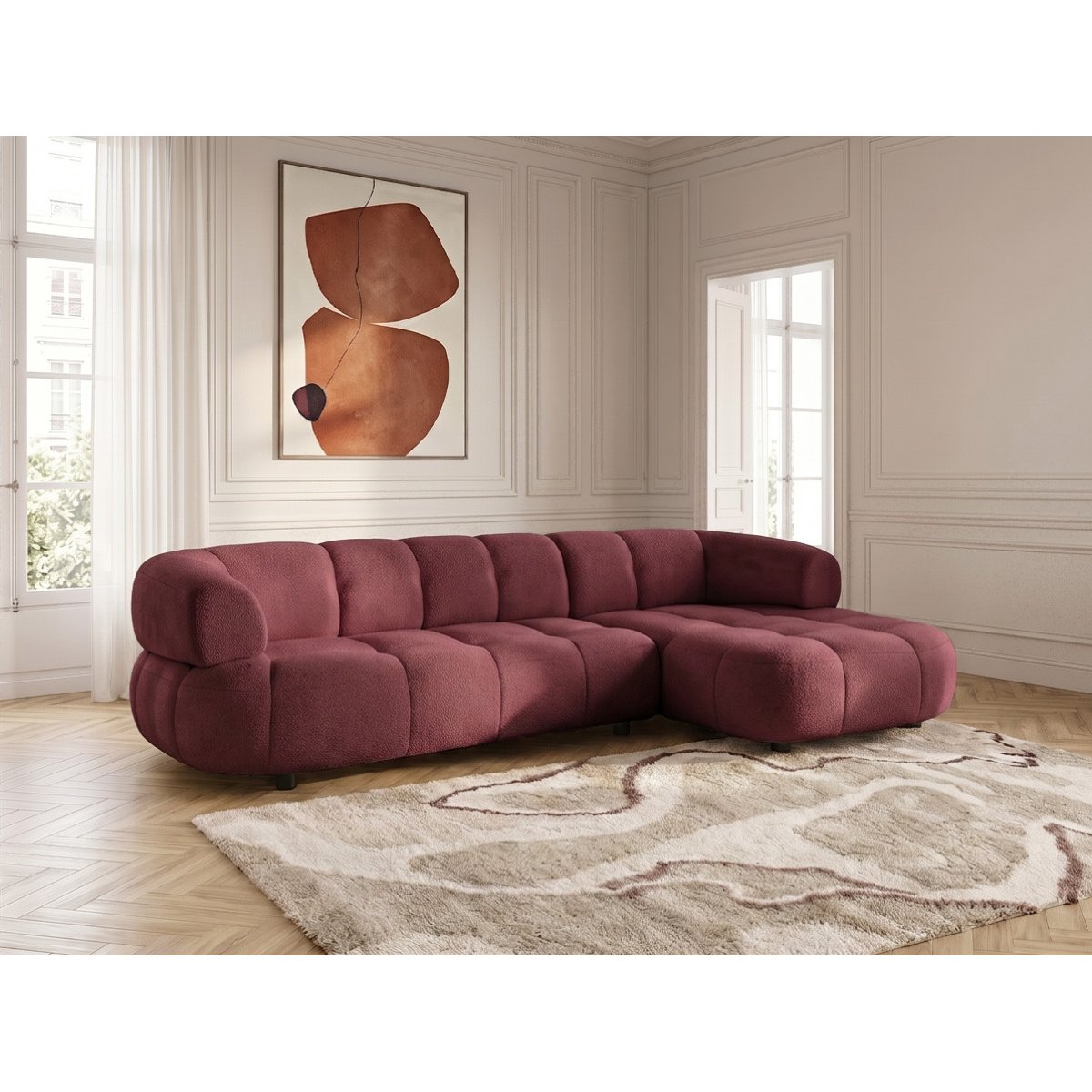 Canapé d'angle convertible 3 places en tissu lisse, LOVELY rouge, BOBOCHIC