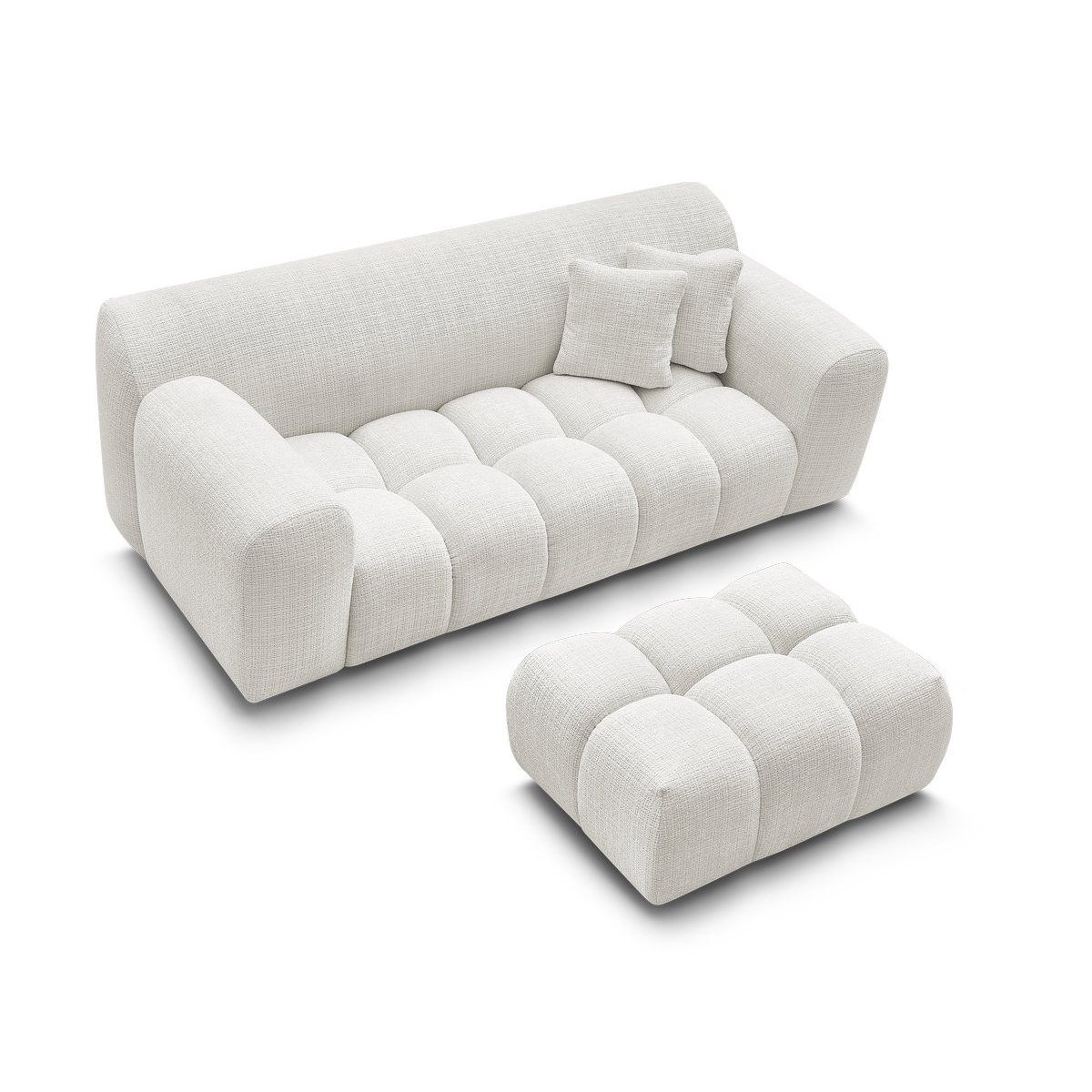 Canapé droit fixe 2 places en tissu texturé avec pouf, MELISSE blanc, BOBOCHIC