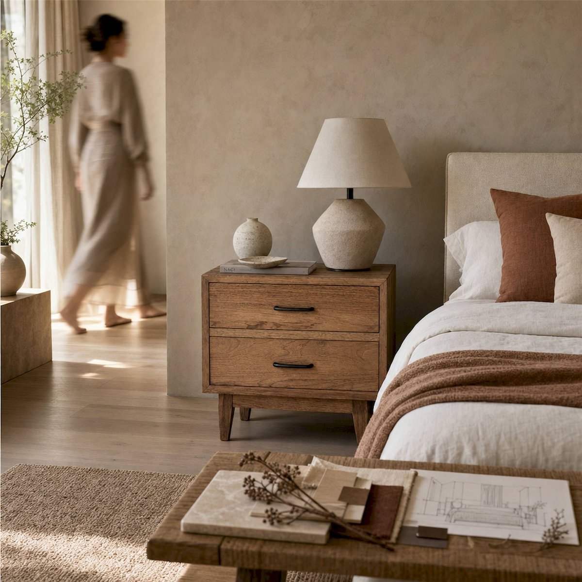Table de chevet en bois massif style scandinave brun naturel avec poignées noires, RECOLLECTION