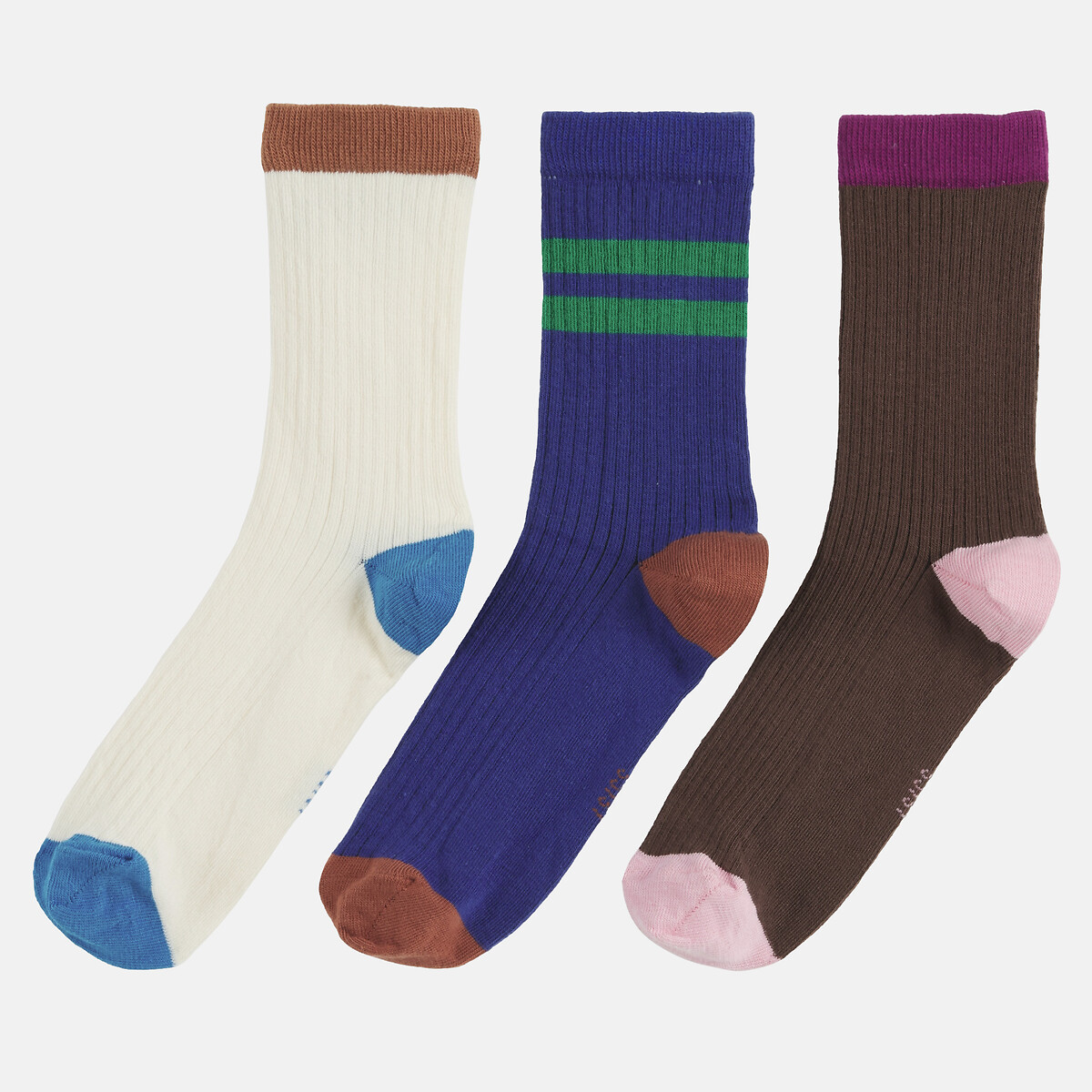 Pack of 3 Pairs of Crew Socks ecru + brown, LA REDOUTE COLLECTIONS
