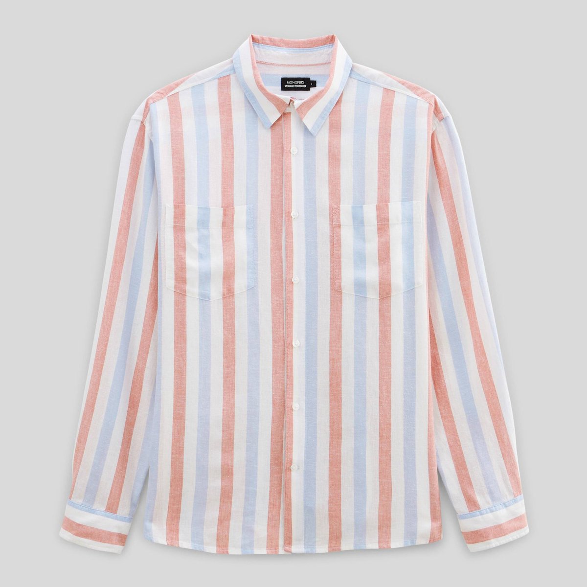 Chemise manches longues rayée en mélange lin aube, MONOPRIX