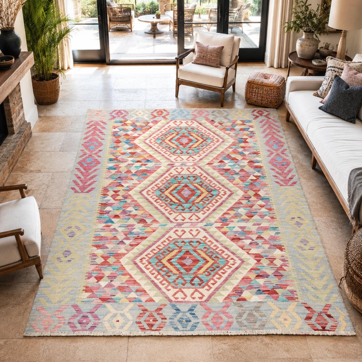 Tapis kilim au motif ethnique, tissé à plat en laine naturelle multicolore, bleu, rose, UN AMOUR DE TAPIS