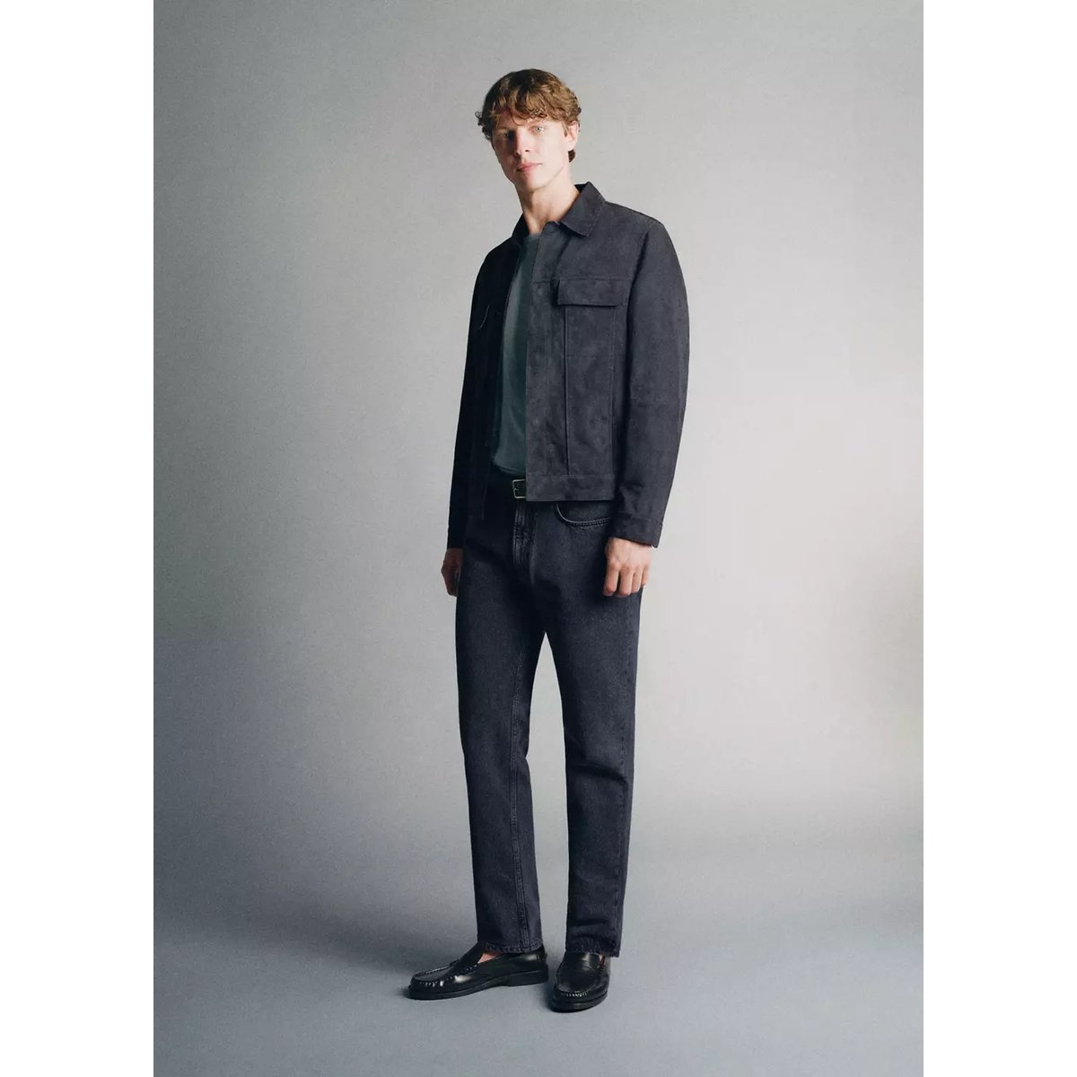 Blouson 100 % cuir daim poches bleu indigo, MANGO MAN