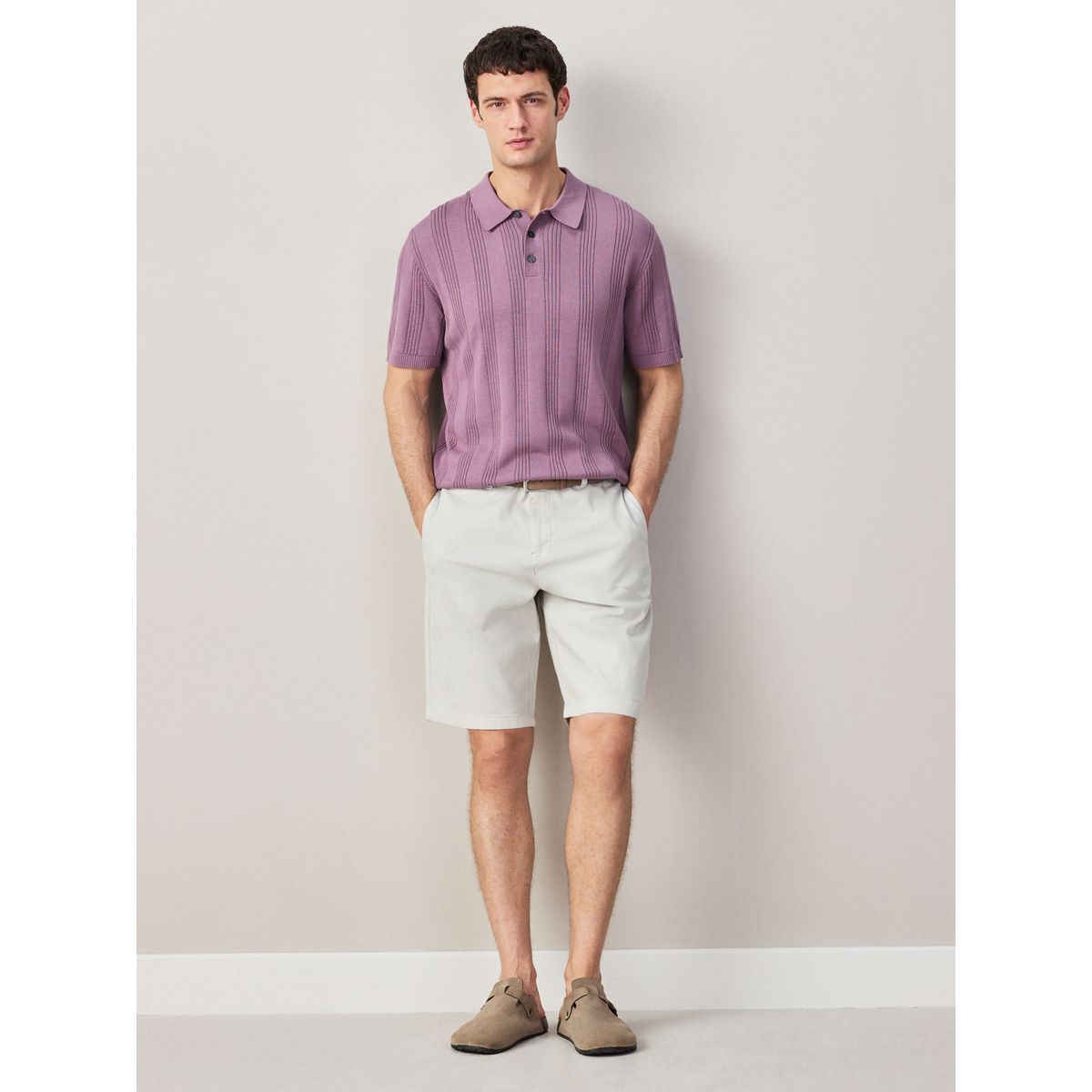 Polo standard rayé en maille pointelle violet, NEXT