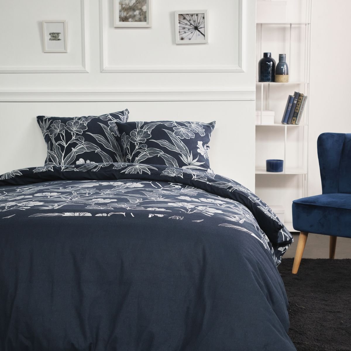 Parure de lit imprimé Floral coton FLANELLE bleu marine, TODAY