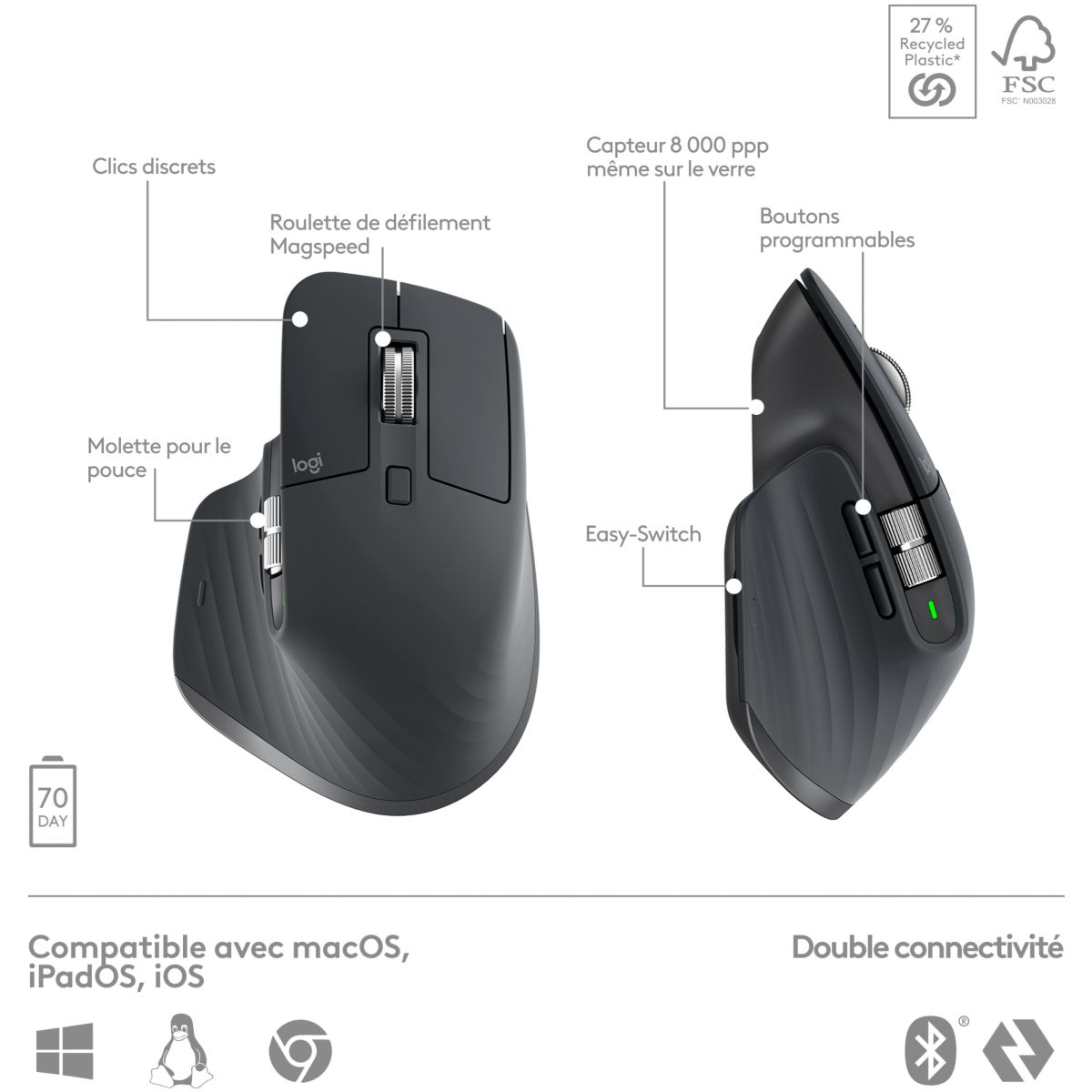 Clavier + Souris MX keys S avec repose poignet couleur unique, LOGITECH