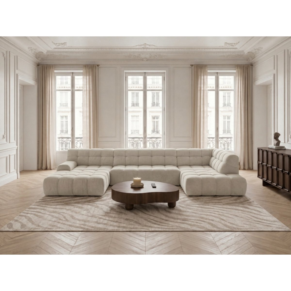 Canapé d'angle convertible 4 places en tissu texturé, ANDRE blanc, BOBOCHIC