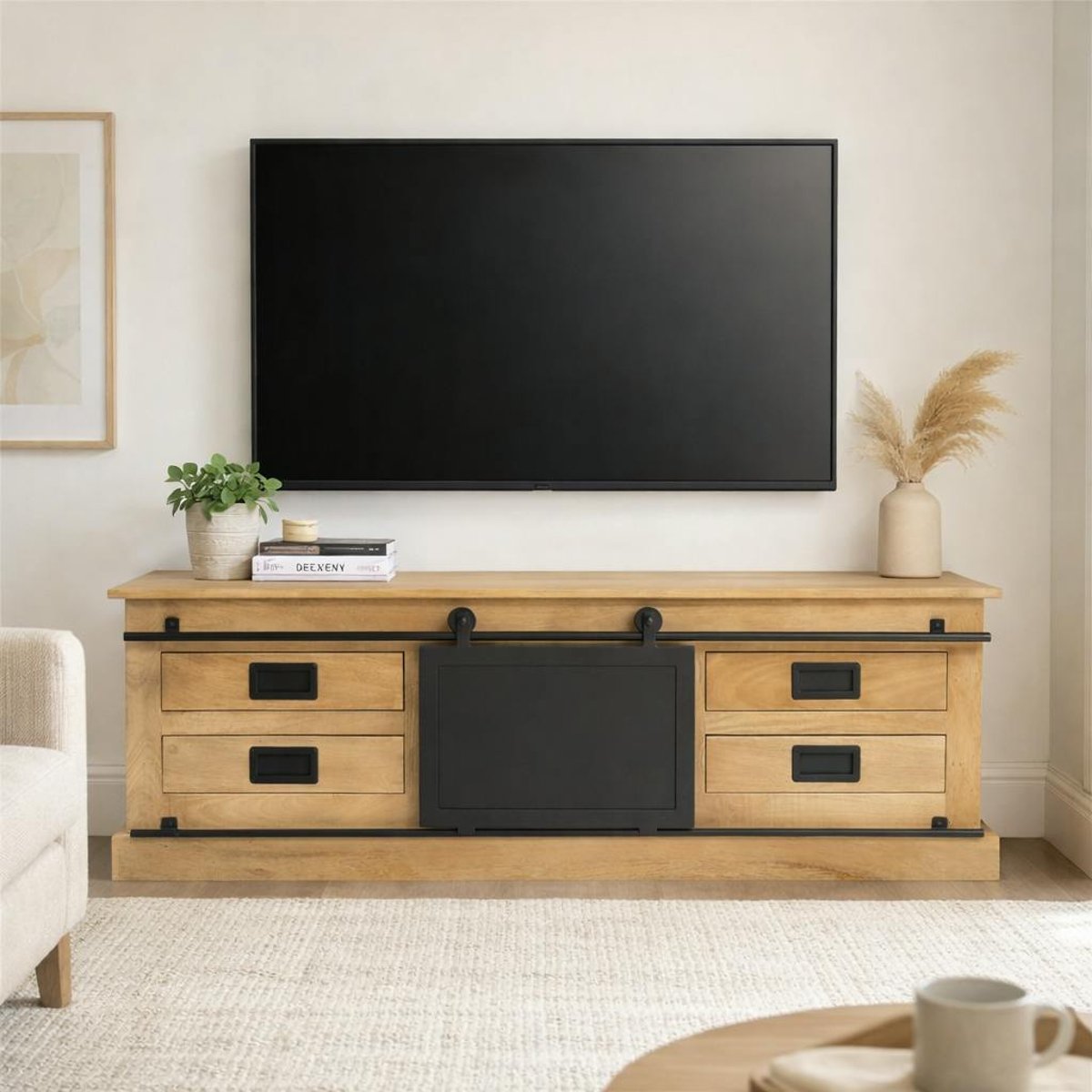 Meuble TV bois métal style atelier à porte coulissante CAMDEN bois naturel, PIER IMPORT