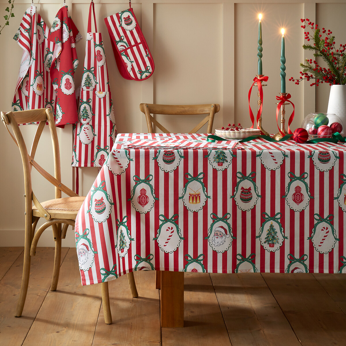Vintage Stripe Christmas Cotton Table Cloth red, CATHERINE LANSFIELD