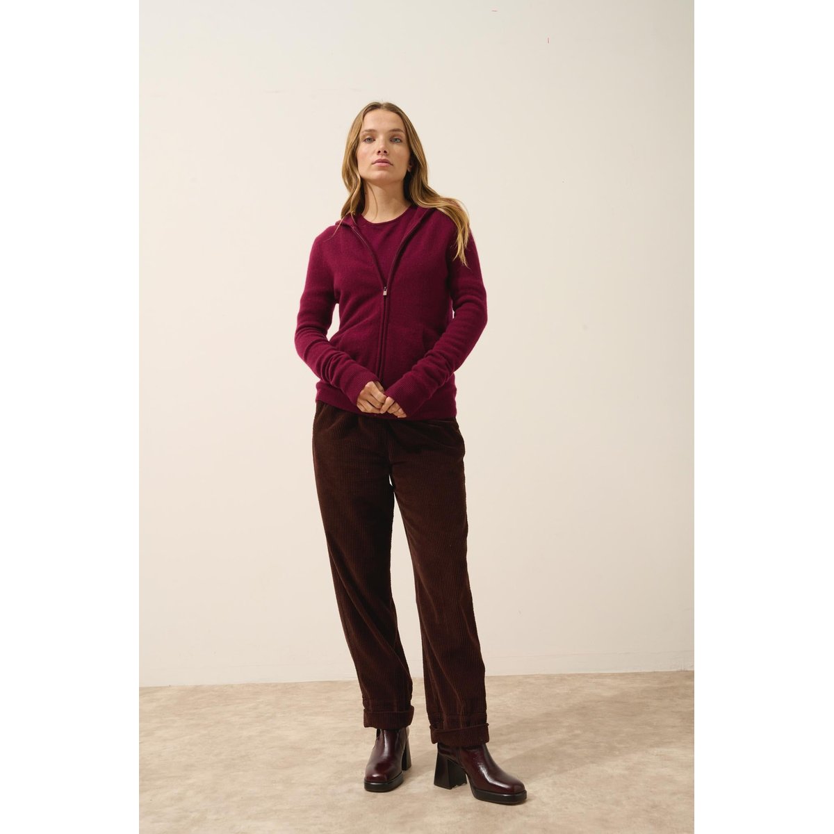 Gilet Zippé Capuche Bordeaux Debbie bordeaux, JUST CASHMERE