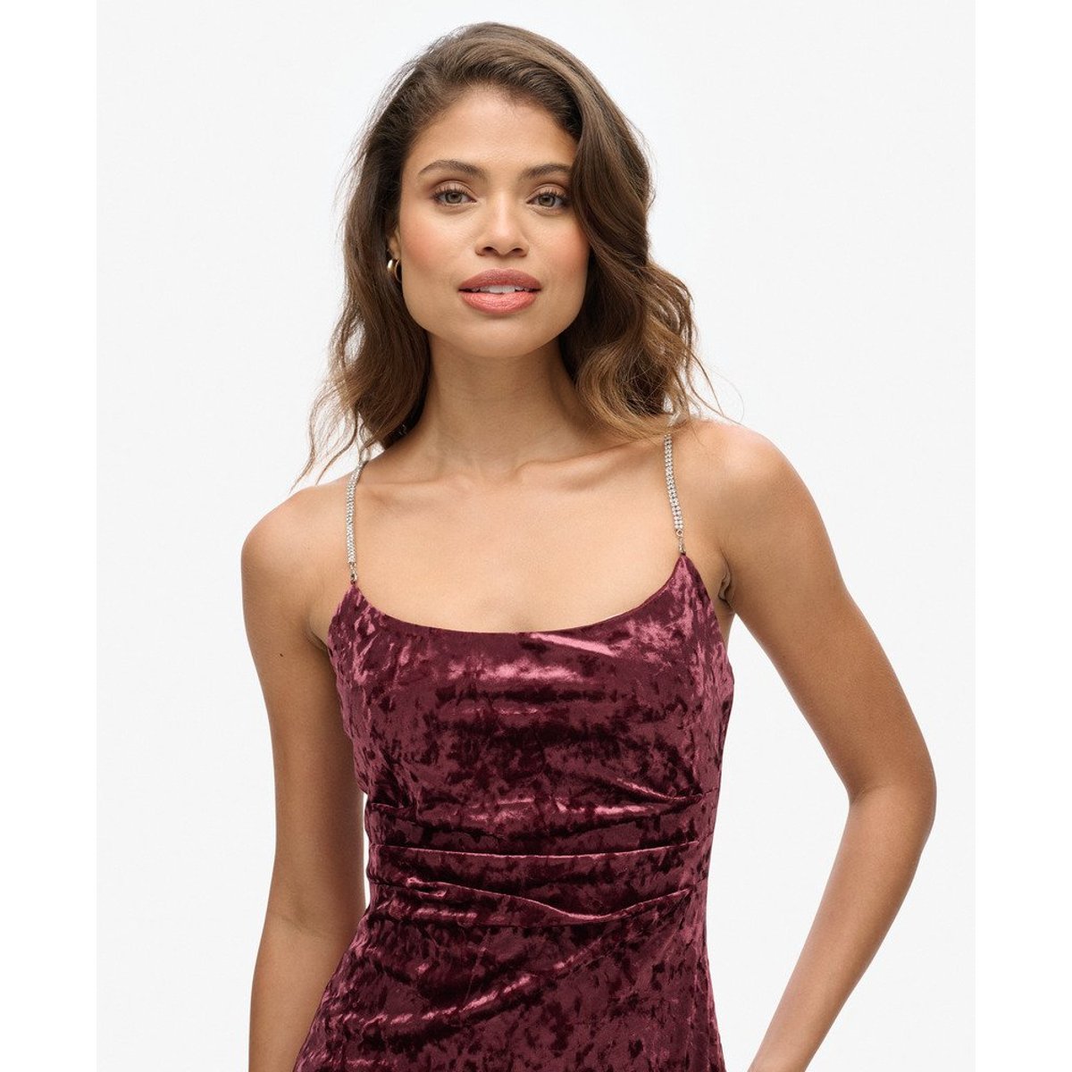 Robe longue en velours à strass bordeaux crush, SUPERDRY