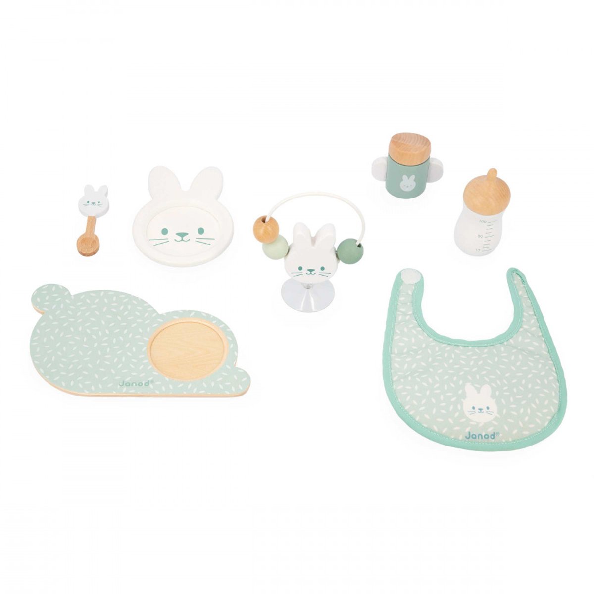 Set repas Zen en bois pour poupon vert d'eau, blanc, bois, JANOD