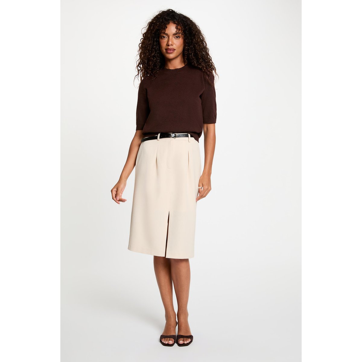 Jupe crayon taille haute beige, MORGAN