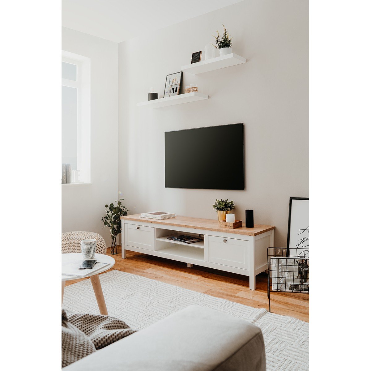 Meuble TV 2 tiroirs L160 cm - Décor Blanc - BERGEN blanc, CALICOSY