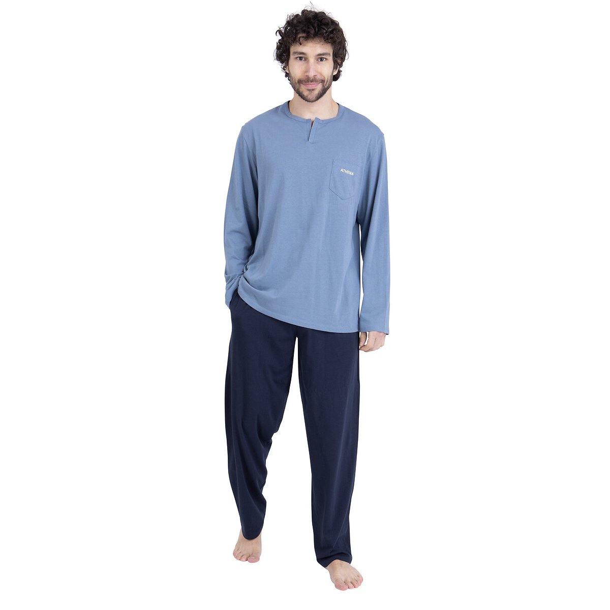 Pigiama lungo in cotone, con collo aperto blu/marine, ATHENA