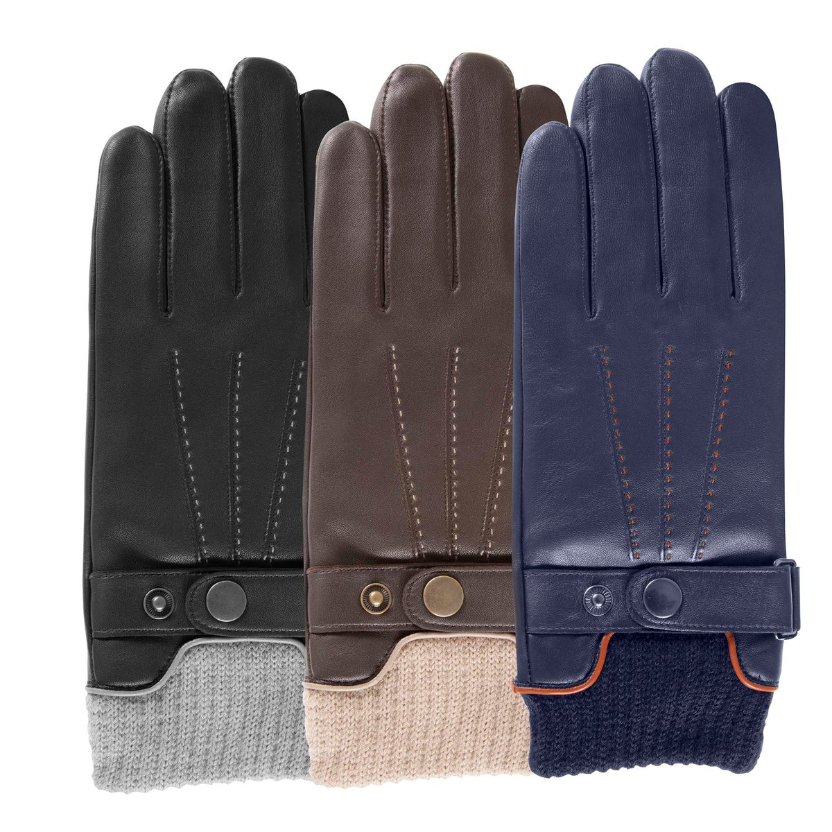 Gants tactiles, en cuir d'agneau pleine fleur, doublés polaire bleu marine, ISOTONER