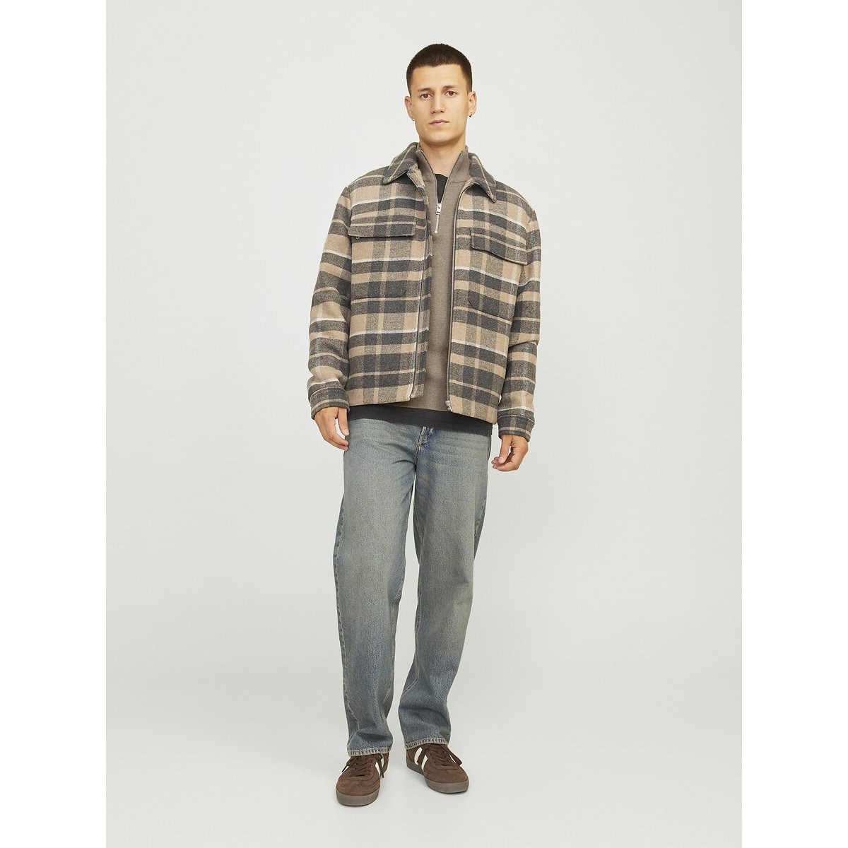 Maglione ampio collo alto mezza cerniera beige, JACK & JONES