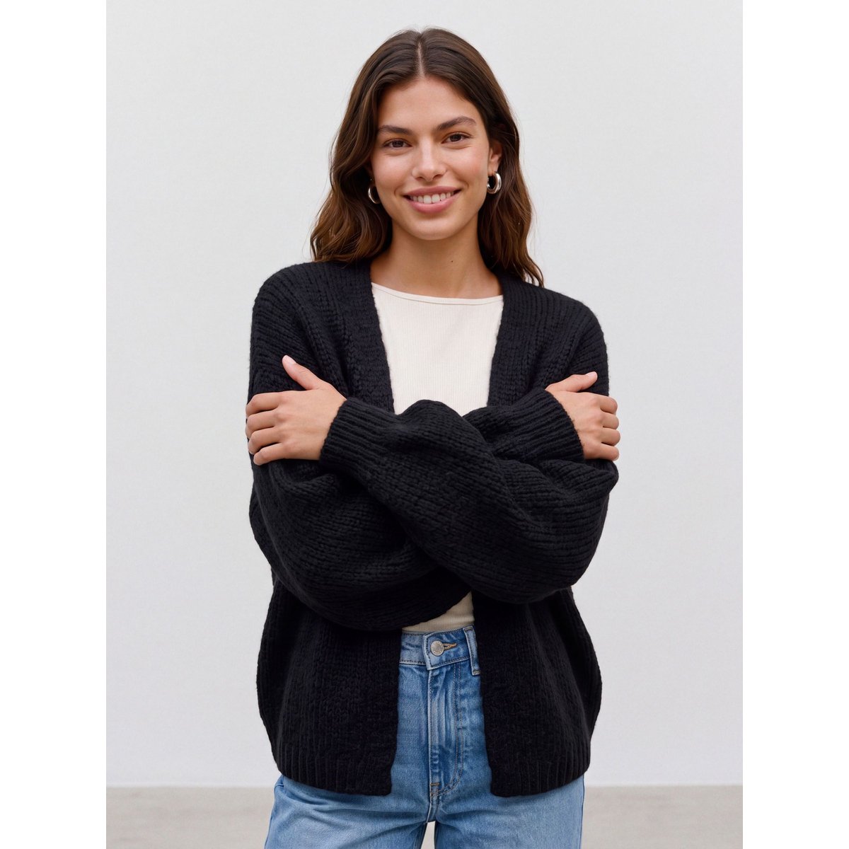 Gilet ouvert en grosse maille black 1, VERO MODA