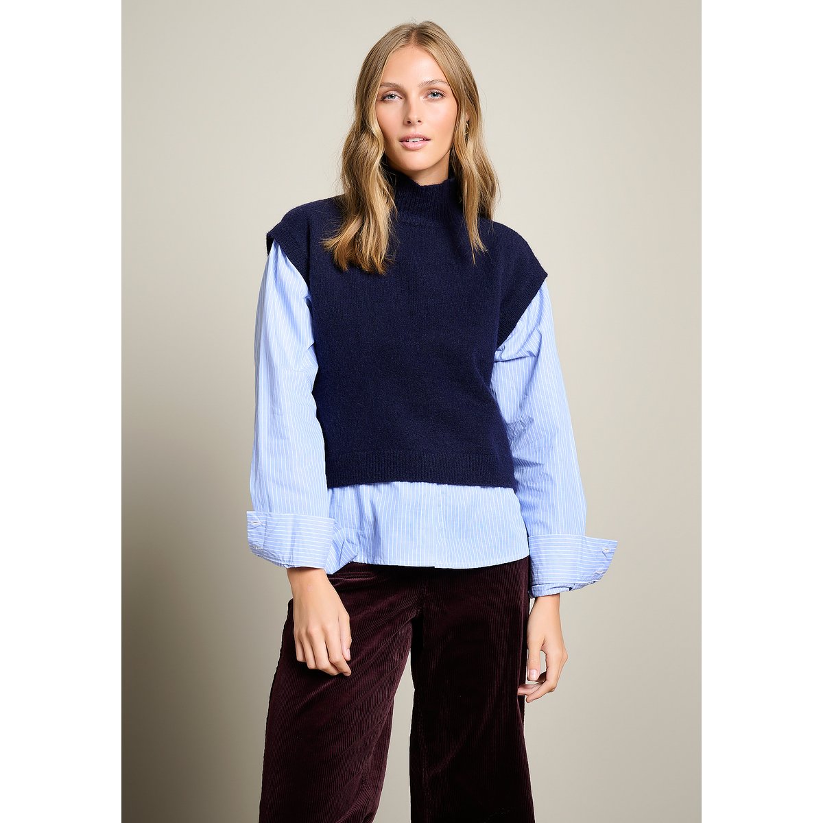 Pull col montant effet chemise bleu marine, LOLALIZA