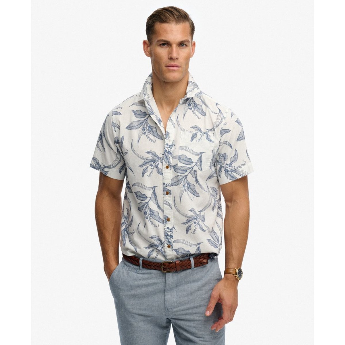 Chemise à manches courtes Vintage Loom feuilles de canna bleu chine, SUPERDRY