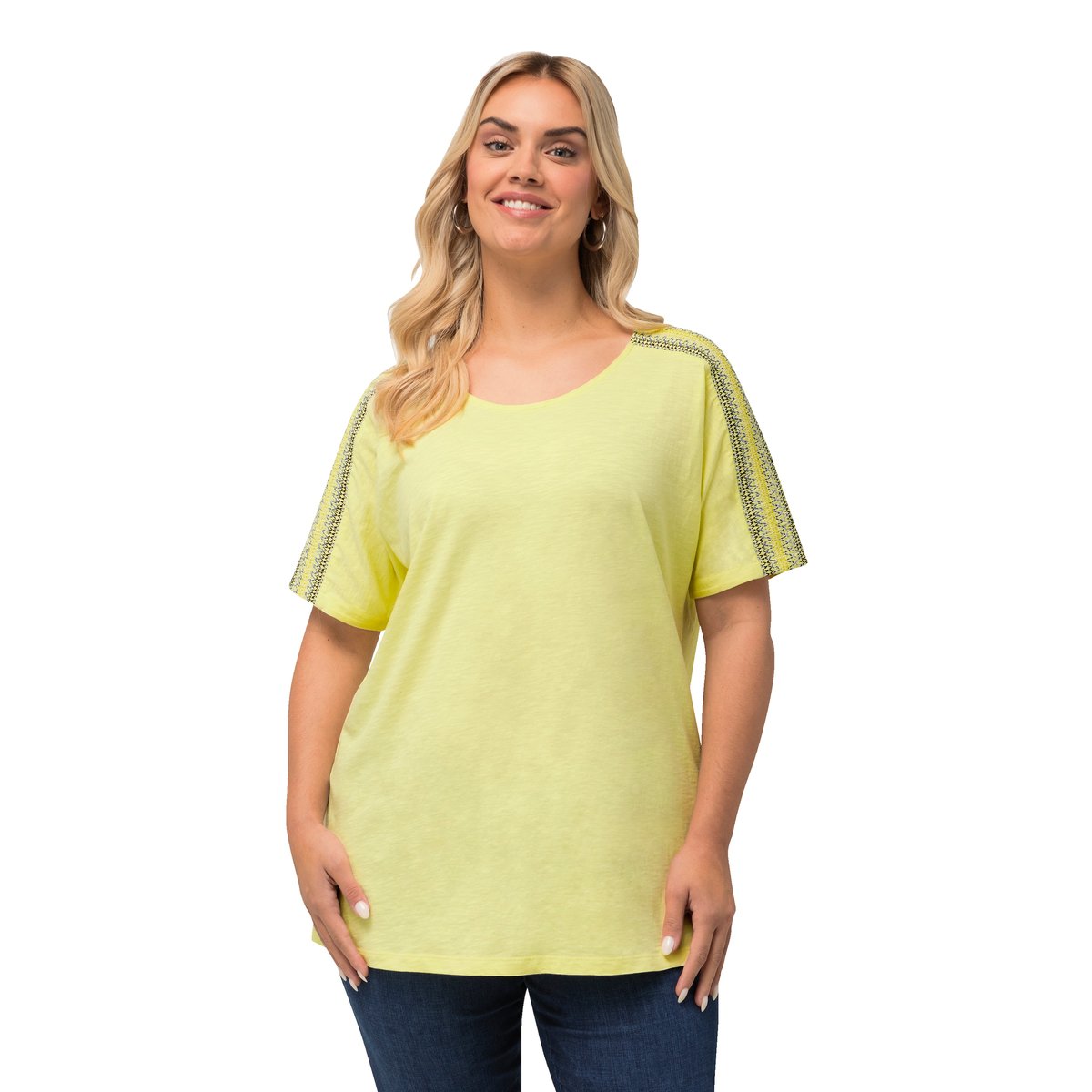 T-shirt avec broderies et épaules smockées jaune citron, ULLA POPKEN
