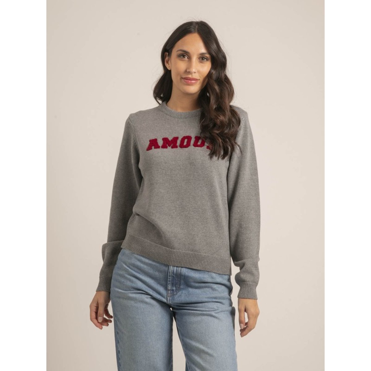 Pull Col Rond Pur Coton Message Kouri gris, DONA LISA