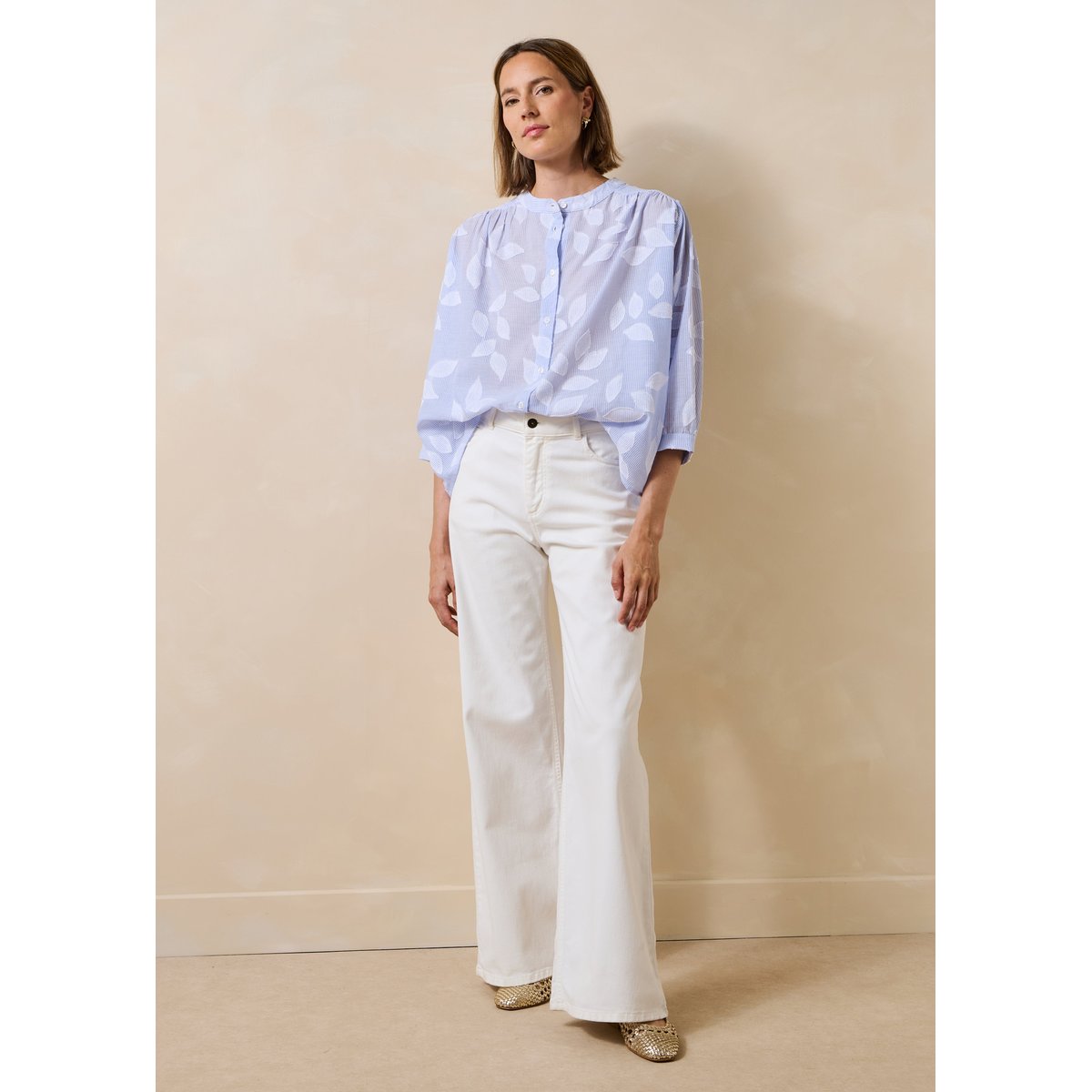 Chemisier en coton fleuri manches 3/4 bleu ciel, LA FEE MARABOUTEE