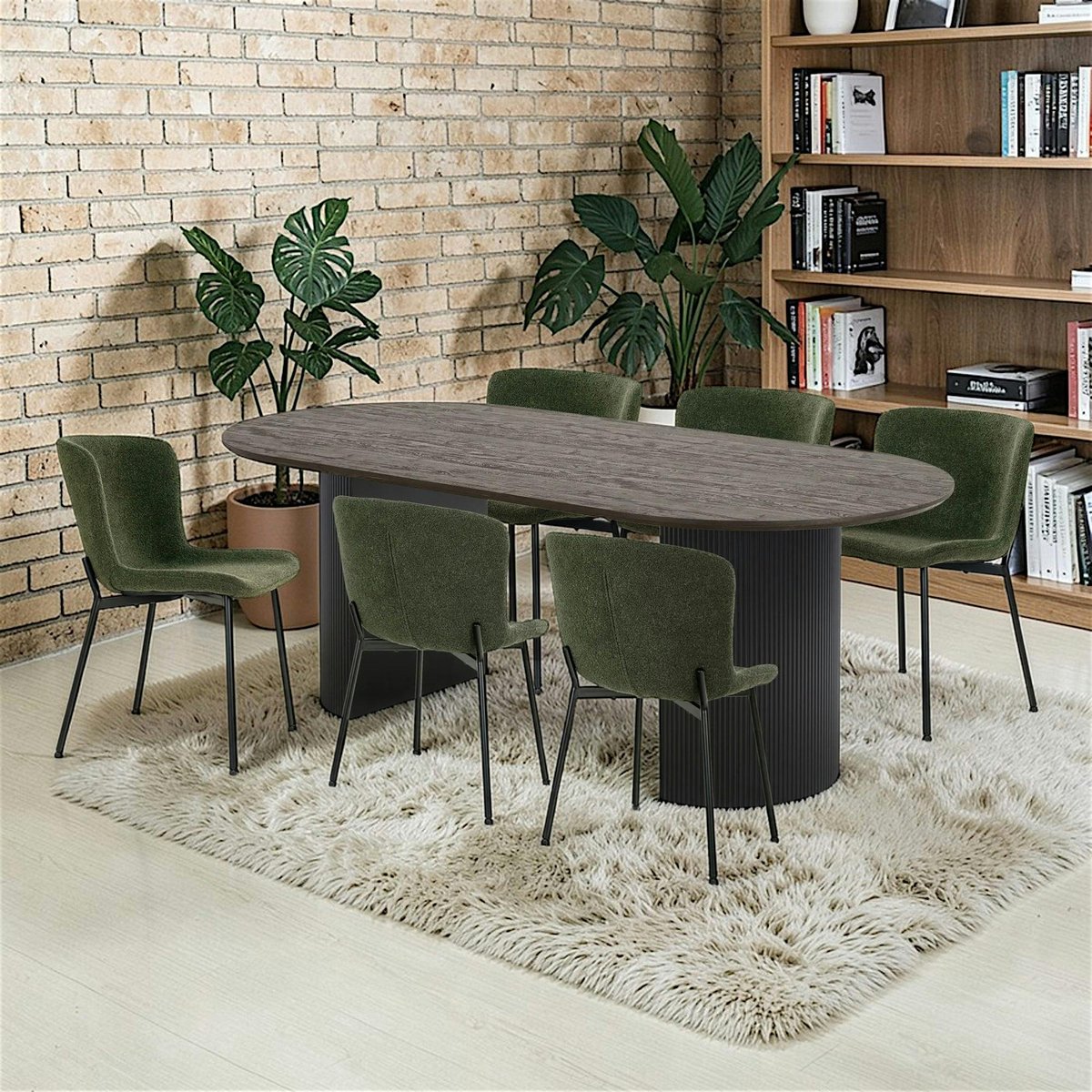 Ens. table ovale décor bois foncé + 6 chaises vertes MATERA marron, PIER IMPORT