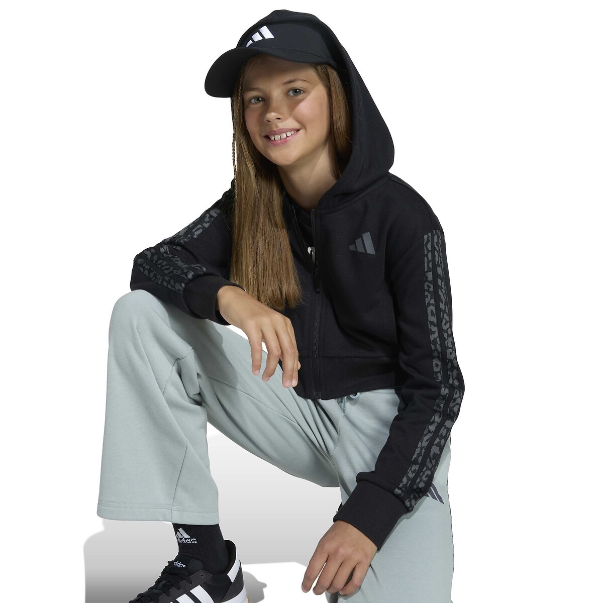Sudadera de forro polar con capucha, cremallera y estampado de leopardo negro, ADIDAS SPORTSWEAR