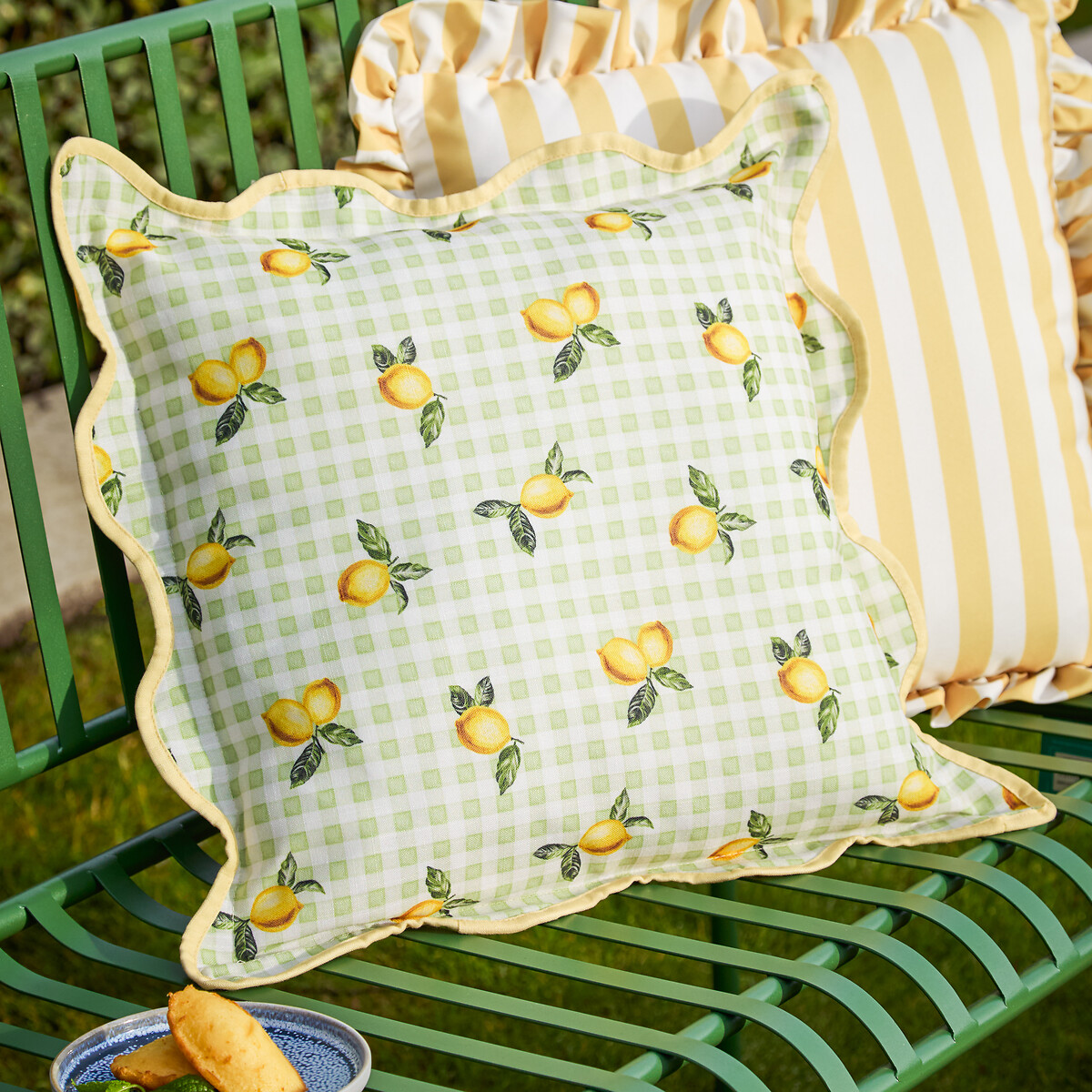 Fruits Lemons Gingham Check Outdoor Cushion sage, FURN.