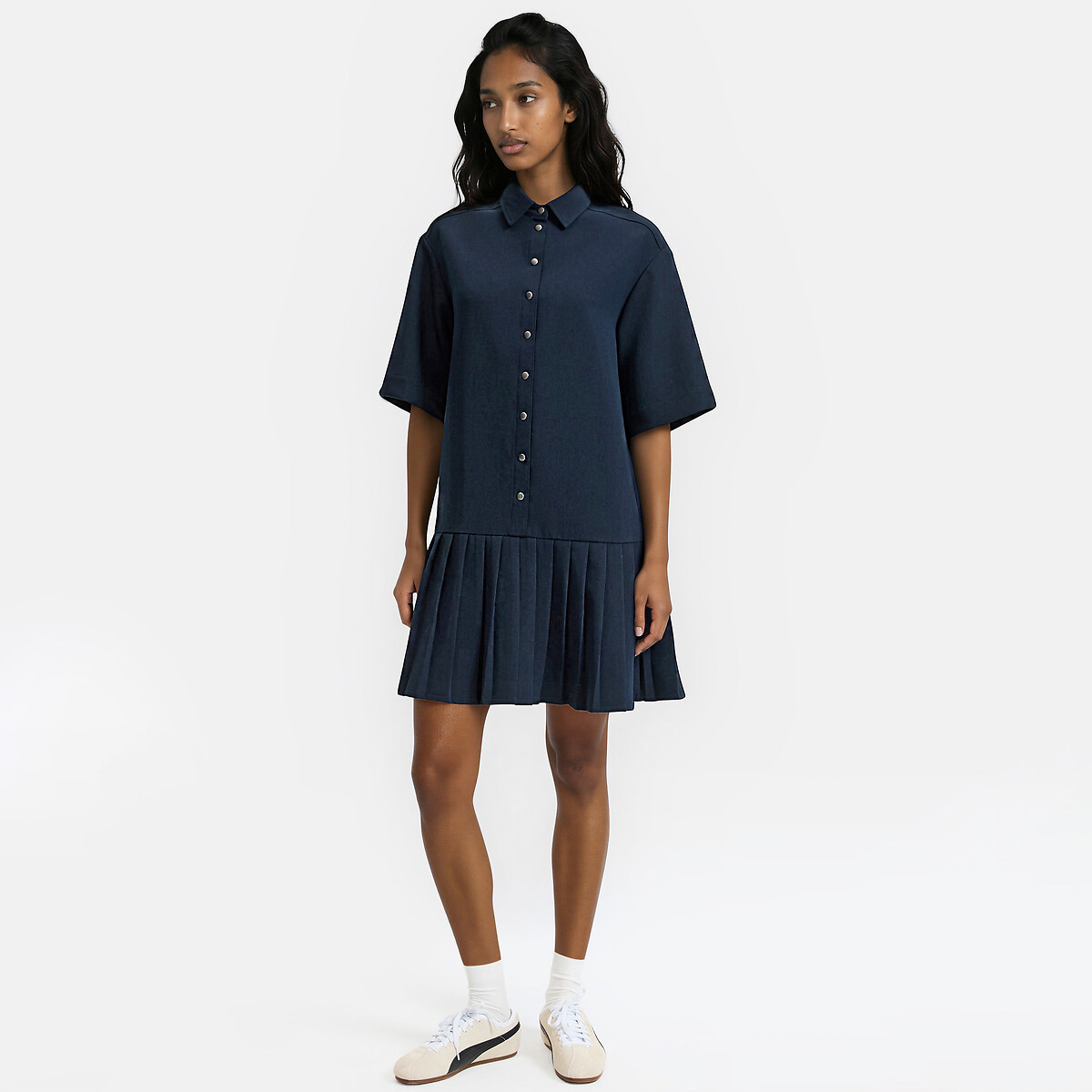 Short Sleeve Mini Dress with Pleated Skirt navy blue, LA REDOUTE COLLECTIONS