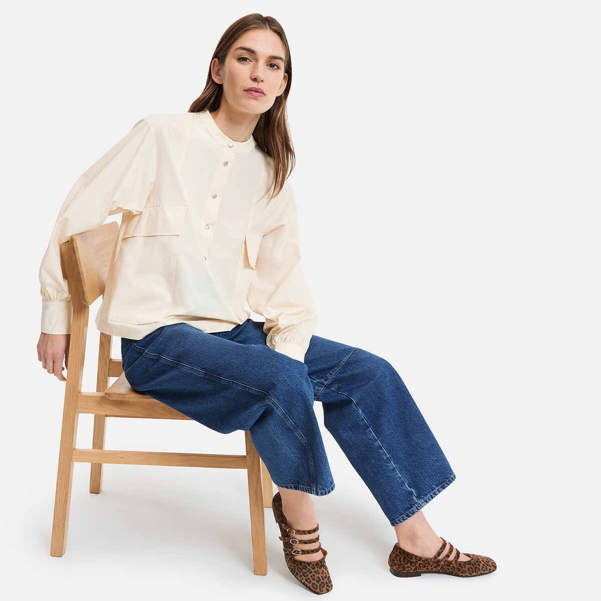 Chemise col mao en coton, manches longues ivoire, LA REDOUTE COLLECTIONS