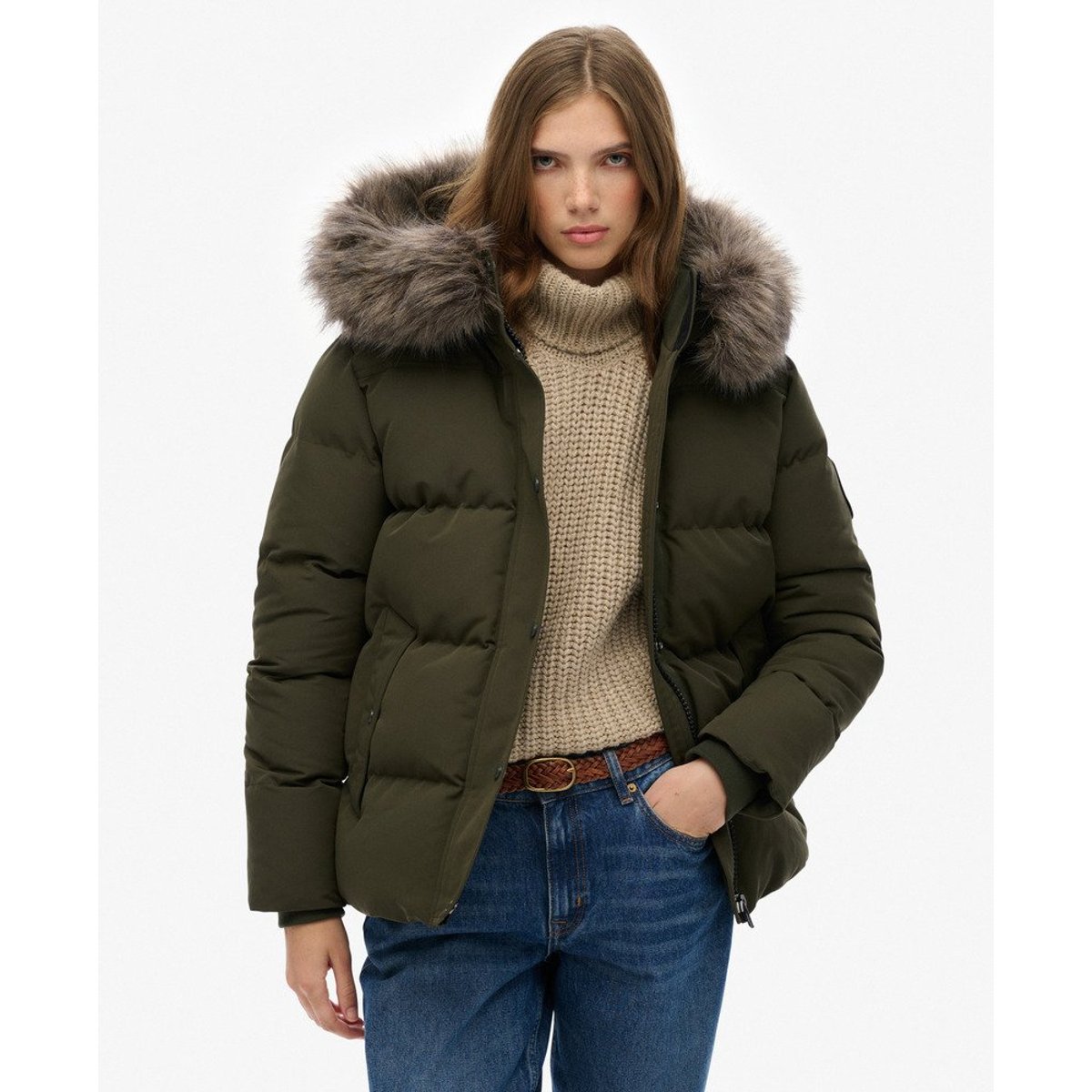 Doudoune courte à capuche en imitation fourrure kaki militaire, SUPERDRY