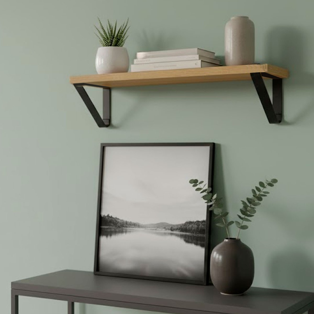 Étagère murale bois et équerres métal noir 58x16x15cm bois, WADIGA