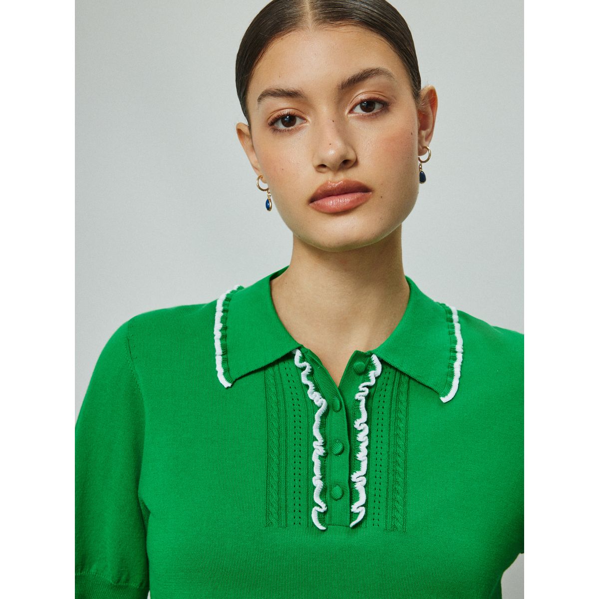Polo doux en coton manches courtes et volants vert, NEXT