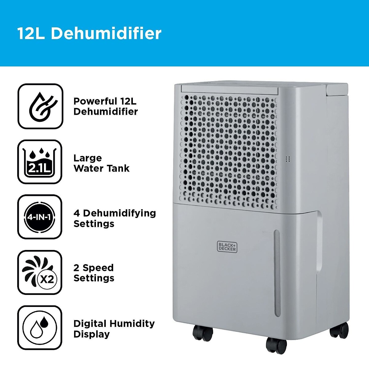 12L Smart Dehumidifier grey, BLACK & DECKER