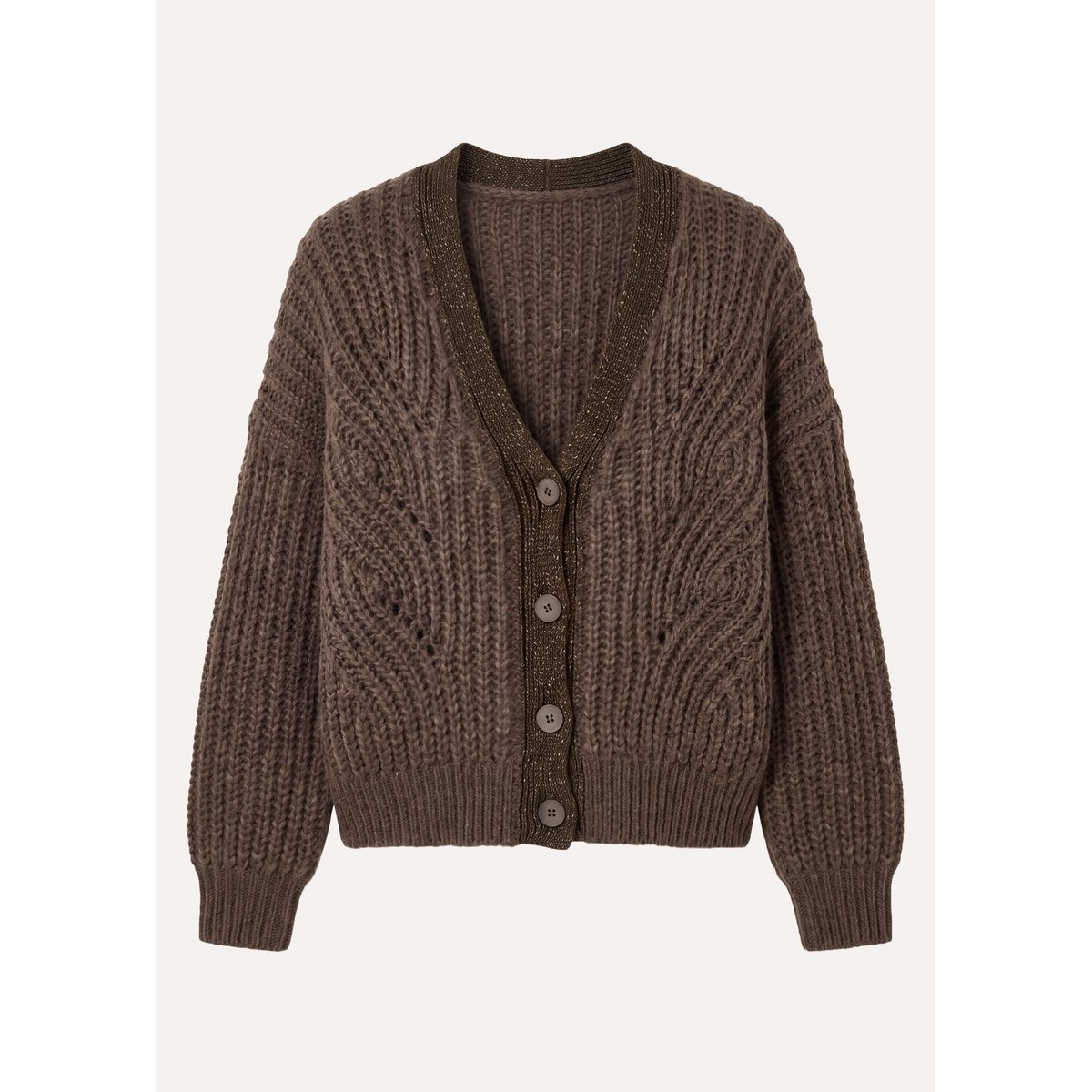 Gilet manches longues ample col V détail irisé vert lichen, LA FEE MARABOUTEE