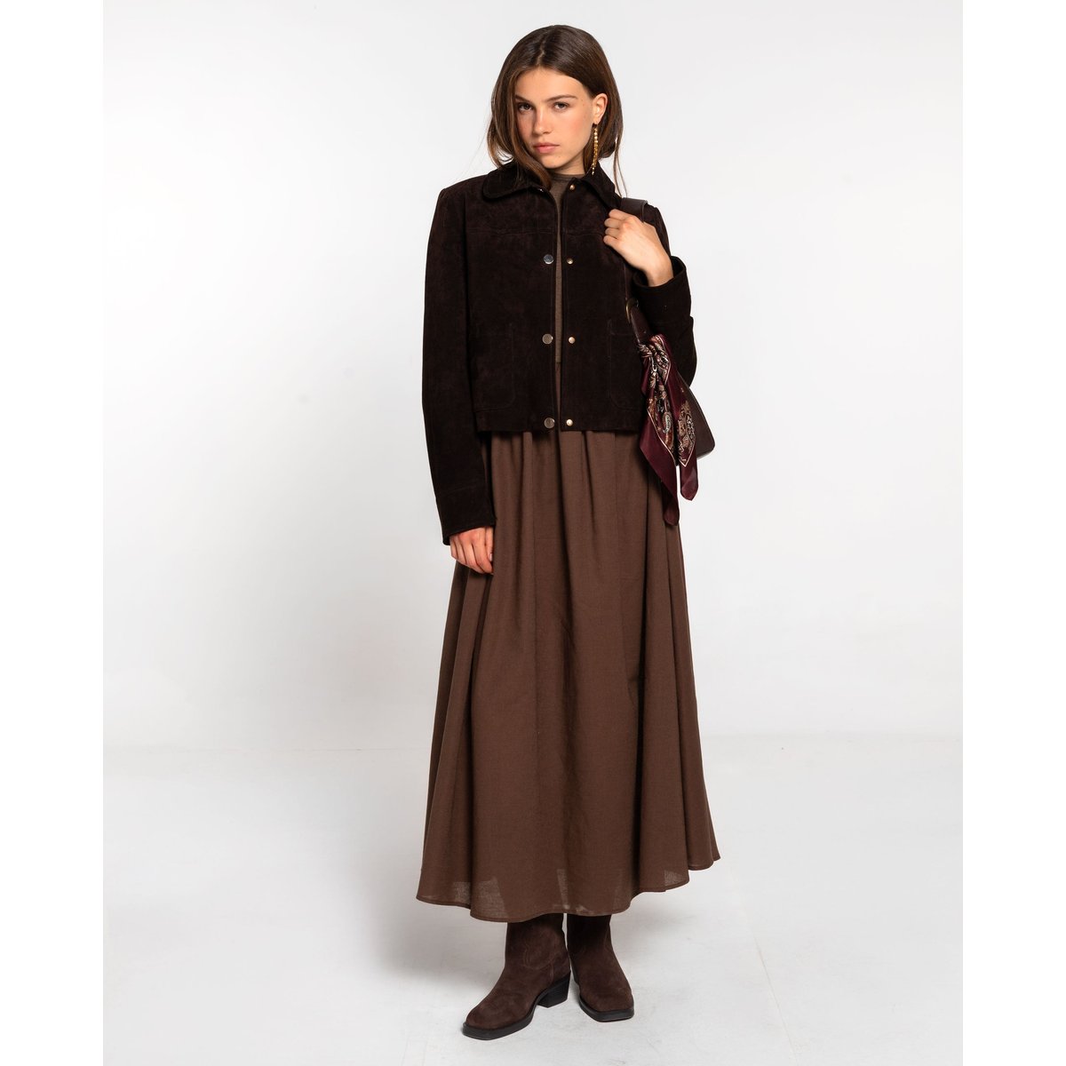 Robe marron avec haut en maille et jupe longue en tissu plat marron, THE-ARE
