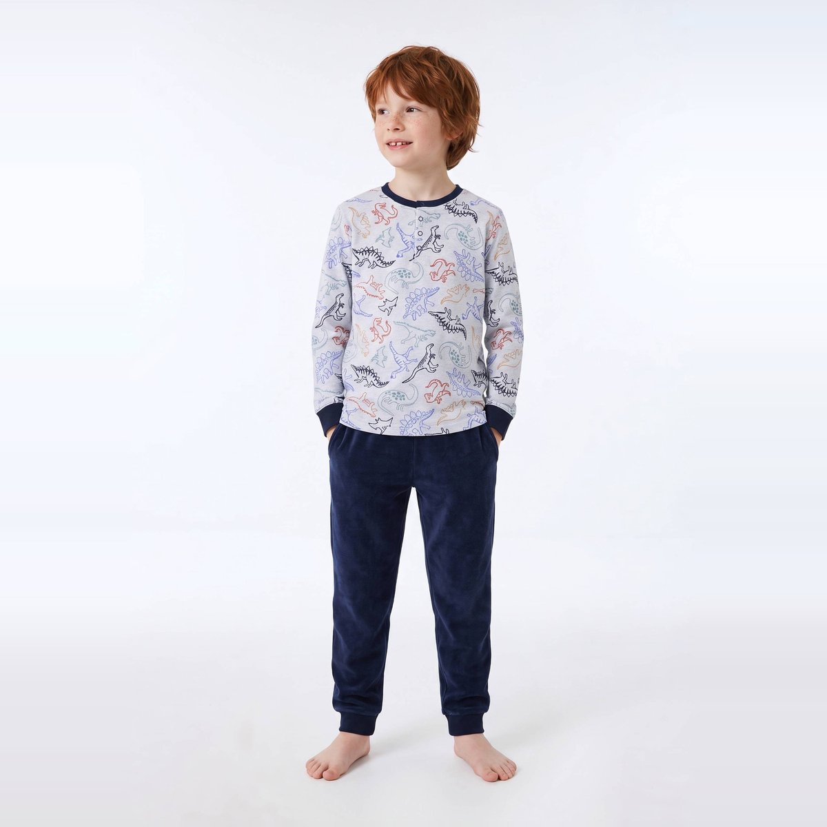 Pyjama velours manches longues imprimé contient du coton BIO GOTS gris chine clair, MONOPRIX