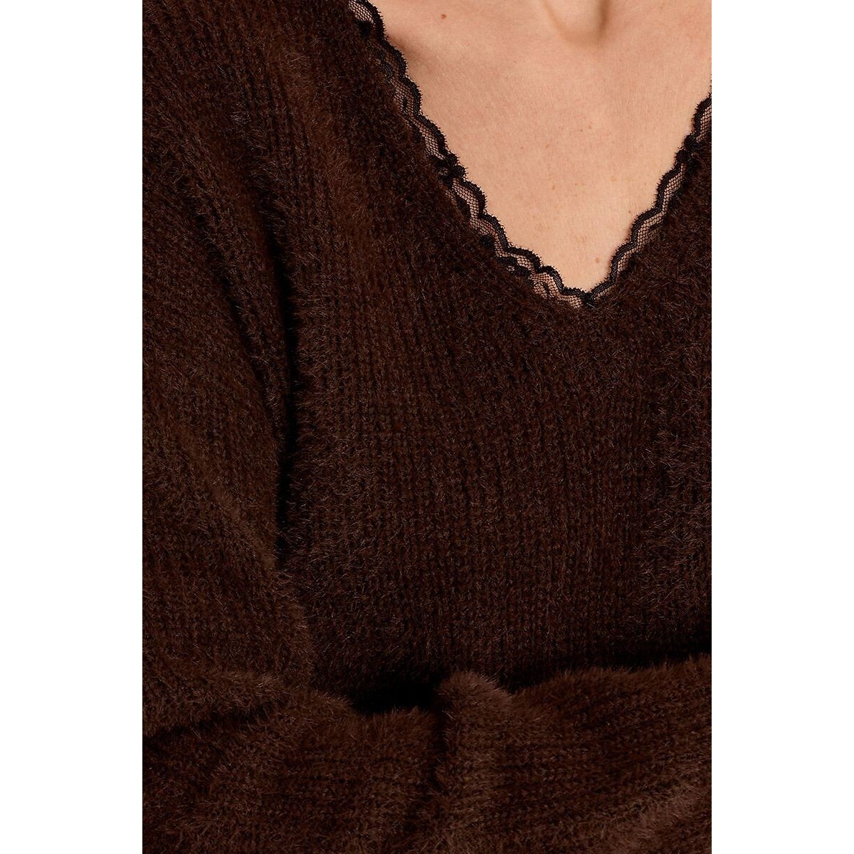 V-Neck Jumper with Lace Detailing chocolate brown, MOLLY BRACKEN